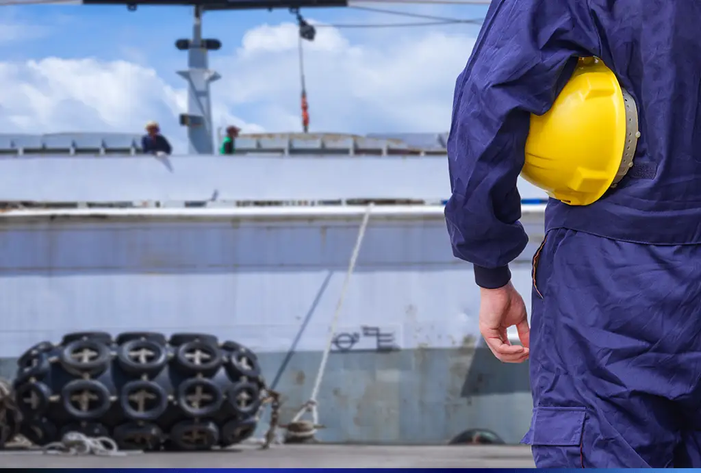 Dock worker with a hard hat beside a ship at the port