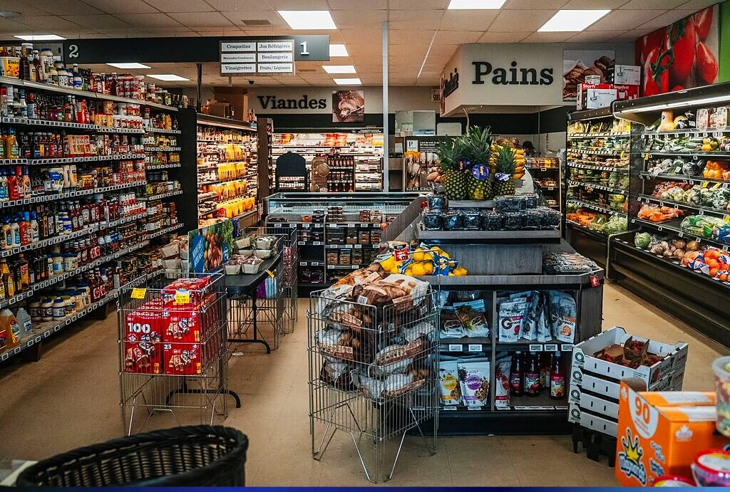 Supermarket shelves with a wide assortment of groceries
