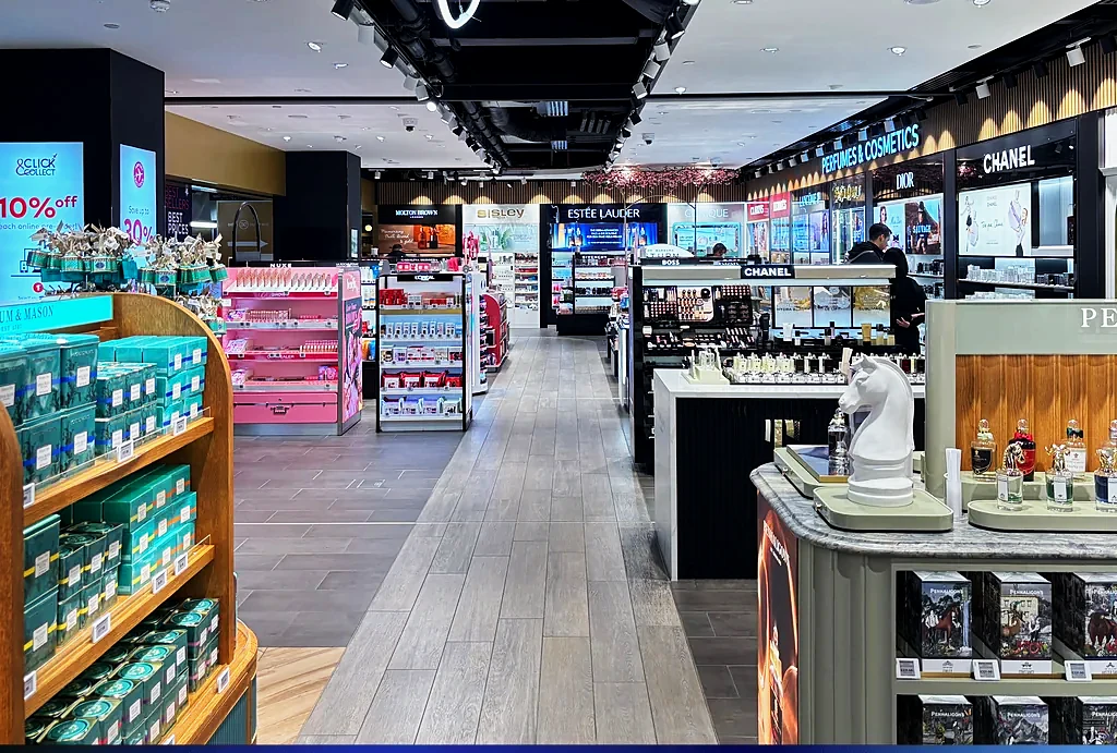 Duty-free store interior with perfume and cosmetics counters